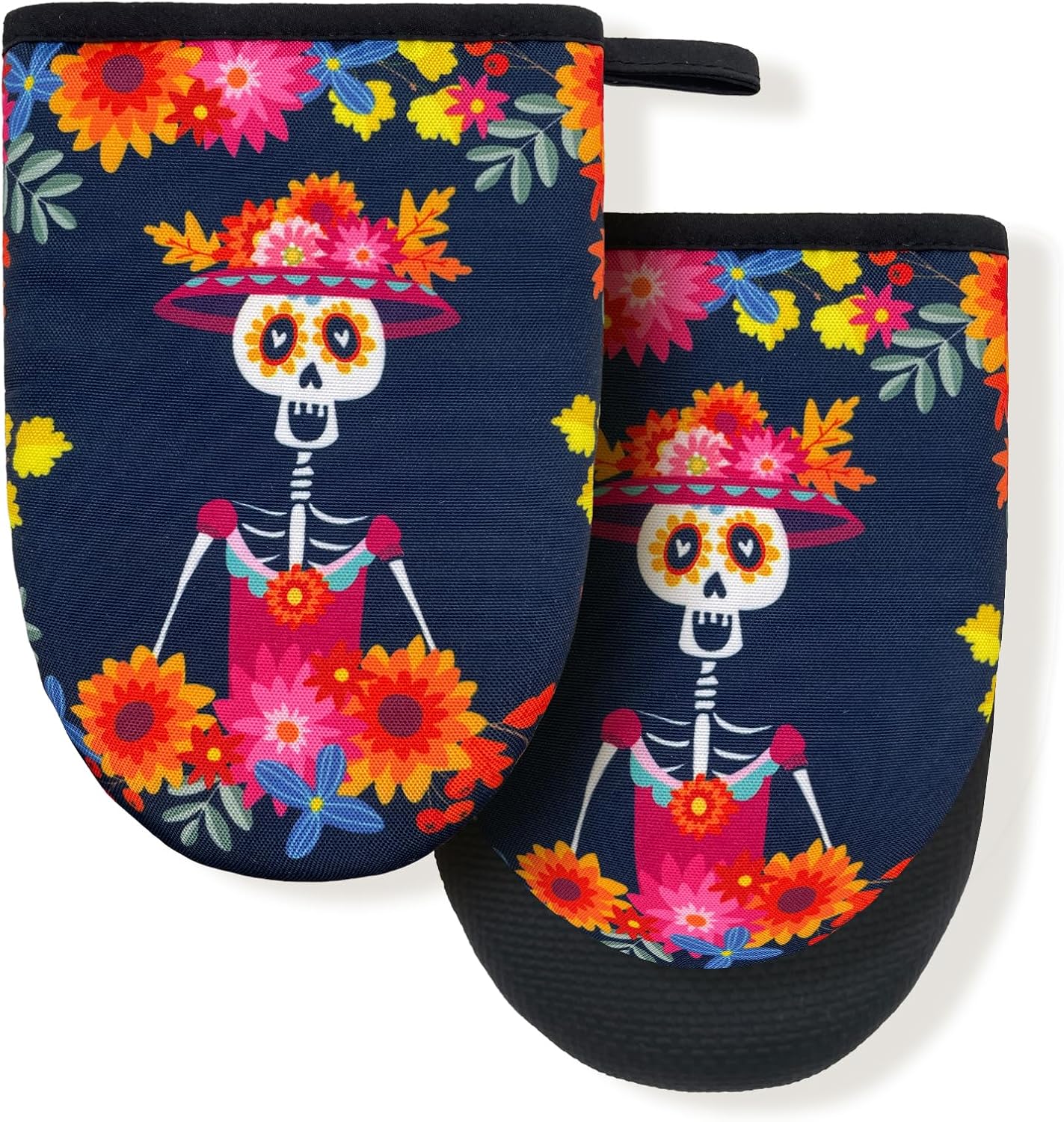 Dia De Los Muertos Mexican Day Skull Mini Silicone Oven Mitts, Heat Slip Resistant Kitchen Gloves 2-Pack Set, Soft Short Small Oven Mittens Pot Holders for Baking Grilling Barbecue Microwave Gift