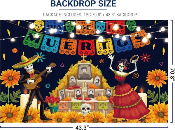 Allenjoy Day of The Dead Dia DE Los Muertos Backdrop Mexican Sugar Skull Flower Tombstone Fiesta Marigold Carnival Dress-up Party Background Cake Table Decor Photoshoot Photo Booth Studio Props - Image 3