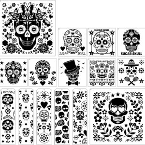 Sugar Skulls Painting Stencils Template - 15 Pcs Day of The Dead Floral Sugar Skulls Traditional Symbols Patterns DIY Stencils Drawing Template Set for Wood Table Clothes T-Shirt Painting DIY Drawing