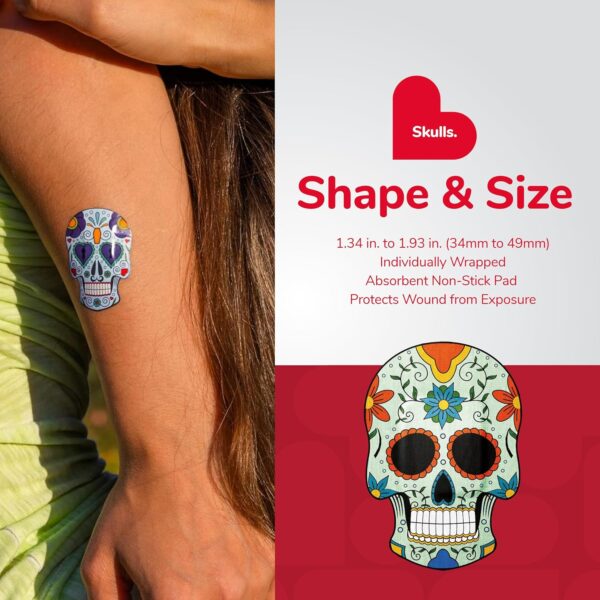 BioSwiss Bandages, Sugar Skull Shaped Self Adhesive Bandage, Latex Free Sterile Wound Care, Fun First Aid Kit Supplies for Kids, 24 Count - Image 4