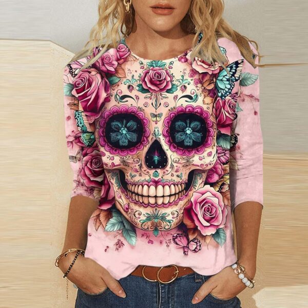 Día De Los Muertos Shirts for Women Mexican Day of Dead T-Shirts Fall 3/4 Sleeve Tunic Tops Crewneck Pullover Blouse - Image 2