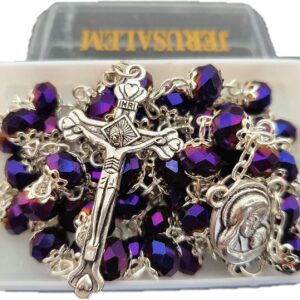 Jerusalem Deep Purple Crystal Double Crowned Beads Catholic Rosary Necklace in Gift Box