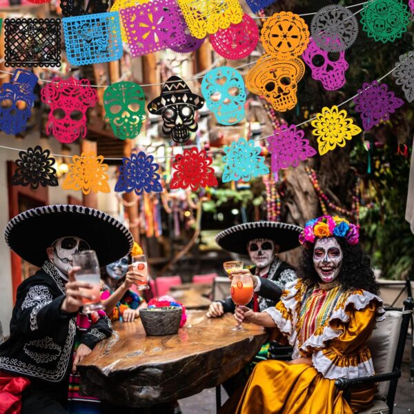 HOWAF 42pcs Day of The Dead Papel Picado Banner, Felt Dia De Los Muertos Sugar Skull Marigold Hanging Garland for Mexican Dia de Los Muertos Altar Decor, Colorful Cinco De Mayo Flag Banner - Image 6