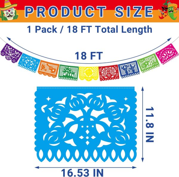 18 FT Cinco De Mayo Party Decorations, 1 Pack Fiesta Banner with 9 Plastic Papel Picado, Colorful Mexican Theme Party Flag Banner Dia De Los Muertos Day of the Dead Hanging Decor Home Party Supplies - Image 2