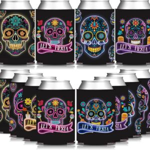 Black Mexican Fiesta Skull Face Can Sleeve Holder 12PCS, Dia De Muertos Death of the Day Beverage Drink Bottle Cooler Cover, Cinco de Mayo Birthday Bridal Shower Bachelorette Gift Decorations