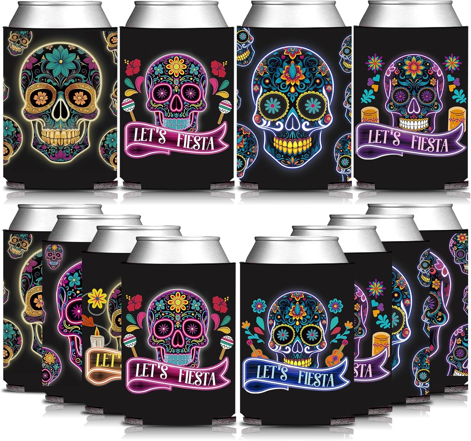 Black Mexican Fiesta Skull Face Can Sleeve Holder 12PCS, Dia De Muertos Death of the Day Beverage Drink Bottle Cooler Cover, Cinco de Mayo Birthday Bridal Shower Bachelorette Gift Decorations