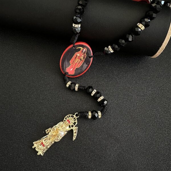 BONITTER Black Holy Death's Necklace Wooden Santa Muerte Necklace Red Rosaries Beads Blessing Crafted Rosario de la santa muerte Prayer Gift For Women Men - Image 3