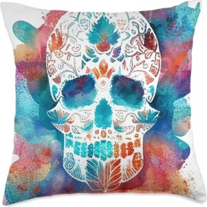 Watercolor Skull in Rainbow Clouds Dia De Los Muertos Art Throw Pillow, 18x18, Multicolor