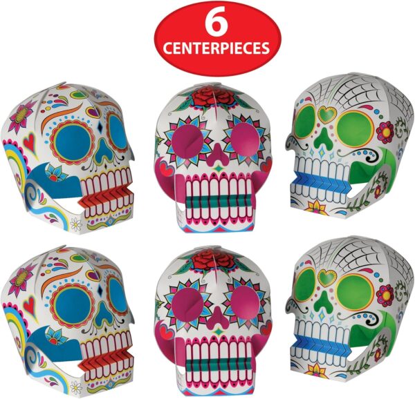 Beistle 6 Piece Three Dimensional Sugar Skull Day of The Dead Centerpieces Eye-Catching Dia De Los Muertos Party Decorations, Made in USA Since 1900, 5" x 4.5", Multicolor - Image 4