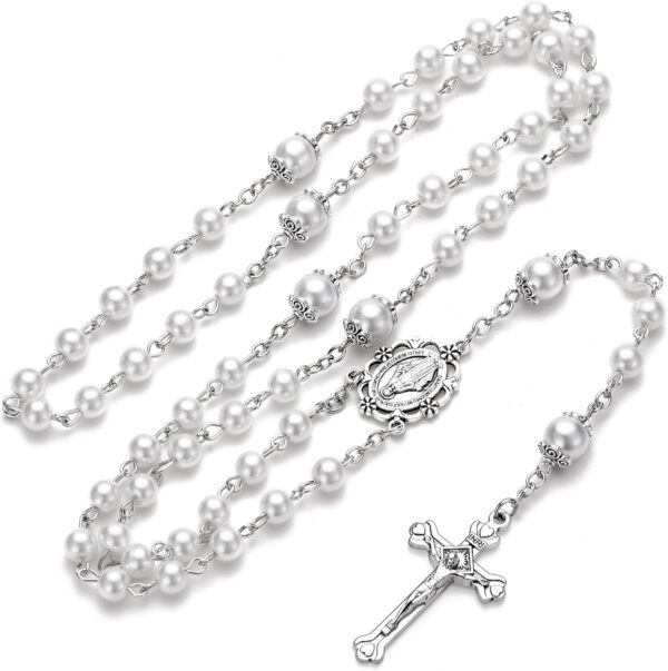 Rosary Beads Catholic for Women, Catholic Gifts, Glass Pearl Beads, Virgin Mary Medal - First Communion Rosary for Girls with Virgin Mary Miraculous Gift Box and 18pcs Prayer Cards - Image 3