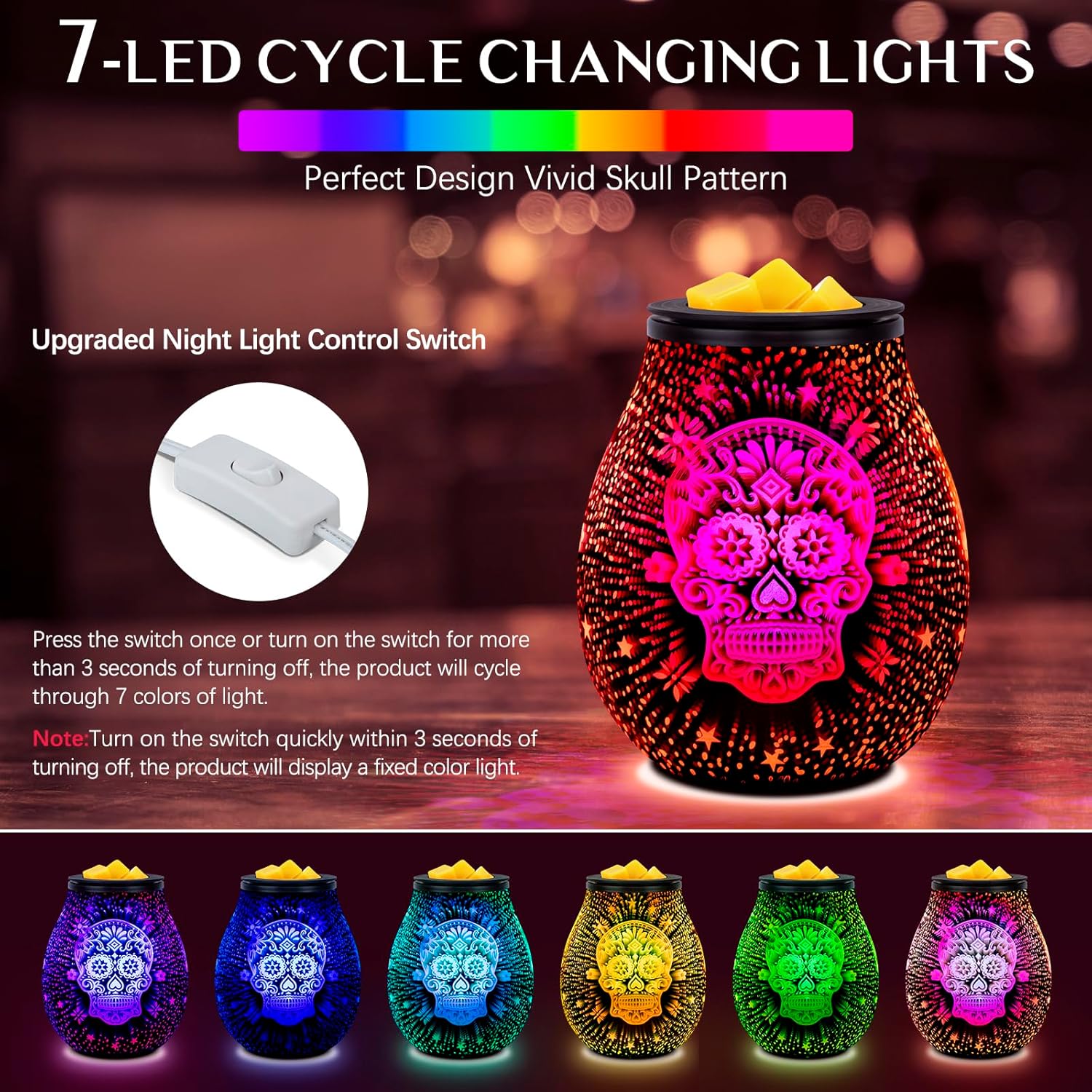 EQUSUPRO Wax Melt Warmer Wax Melter Wax Burner for Scented Wax Melts Electric Fragrance Warmer for Wax Cubes & Tarts, Vivid 3D Design 7 Colors LED Light Gift & Decor for Home Office (3D Skeleton) - Image 3