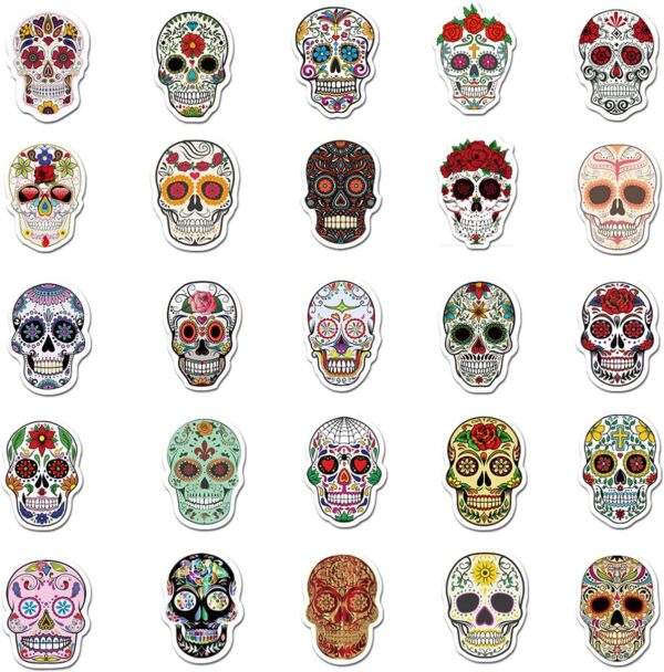 50pcs Halloween Sugar Skull Stickers, Dia de Los Muertos Mexican Day of Dead Stickers Decals, Candy Skull Stickers for Laptop Water Bottle Luggage Bike Computer - Image 4