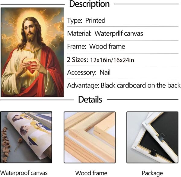 Sacred Heart of Jesus Canvas Wall Art Jesus Portrait Picture Jesus Divine Mercy Painting Jesus Christ Prints Christian Catholic Religious Wall Decor for Living Room Bedroom 12x16in Framed - Image 3