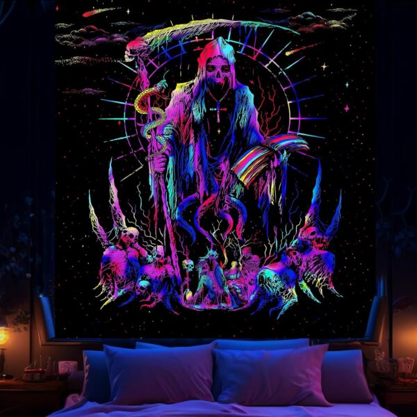 Avinyl Blacklight Skull Tapestry for Bedroom, Black Light Grim Reaper Skeleton Tapestries for Men, UV Reactive Cool Gothic Poster Wall Hanging for Girls Living Room Dorm Decor (51in x 60in) - Image 9