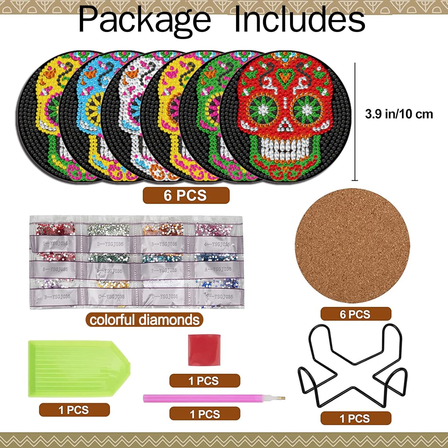 6 Pcs Skull DIY Diamond Paintings Coasters Kits with Holder,Skeleton Flower 5D Diamond Art Coasters Set,Full Drill Rhinestone Painting Kits for Adults & Kids,Beginners Art Craft Supplies - Image 2