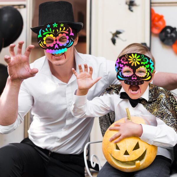 WATINC 30pcs Day of The Dead Skull Scratch Mask Gift Set for Kids, Halloween DIY Magic Scratch Paper, Skull Craft Kit to Mexican School Classroom Activity Art Project Party Favors Supplies - Image 6