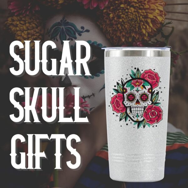 Onebttl Sugar Skull Gifts for Women, Day of the Dead, 20 oz Travel Tumbler with Lid, Brush, and Straw, Mexican Gifts, Silver Glitter - Image 7
