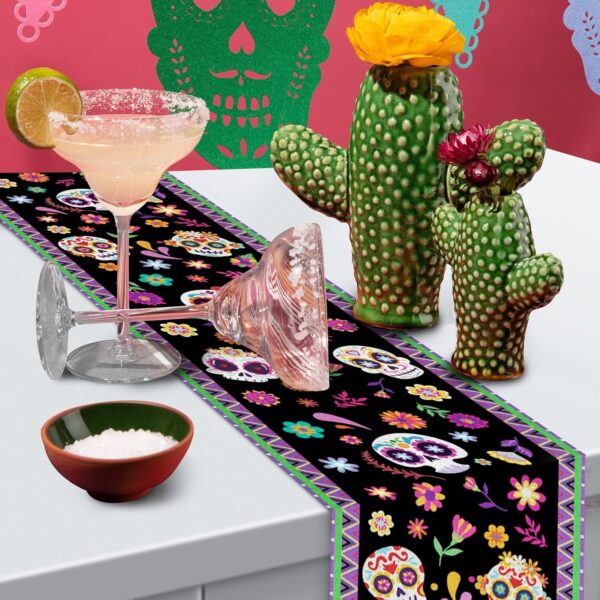 Day of The Dead Table Runner 72 x 13 Inch Decorations, Dia De Los Muertos Sugar Skull Mexican Fiesta Carnival Table Cover Decor, Rustic Linen Altar Themed Party Supplies for Home Kitchen Dining Mantel - Image 4