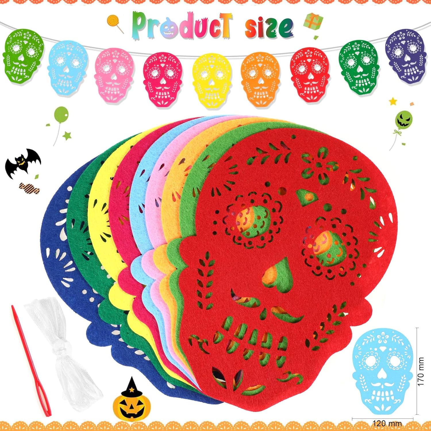 HOWAF 3 Pack Day of The Dead Felt Decorations, Dia De Los Muertos Papel Picado Hanging Mexican Skull Felt Bunting Banner for Fiesta Day of The Dead Garland - Image 2