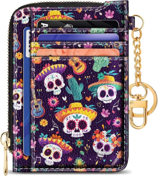GIANCOMICS Slim Wallet Credit Card Holder Women, Sugar Skull Rfid Blocking Small Card Case, Keychain Thin Pocket Curved Zipper Wallet, Travel Card Holder PU Leather ID Window, Ladies Female Gifts