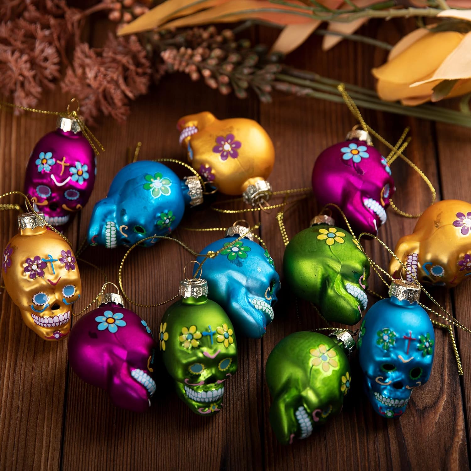 Watayo 12 PCS Day of The Dead Glass Ornaments-Dia De Los Muertos Sugar Skull Ornaments-Halloween Hanging Skeleton Head Decorations for Party Xmas Tree Decoration - Image 4