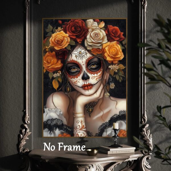 Sugar Skull Girl Wall Art Halloween Themed Prints Ghost Portrait Canvas Dark Academia Painting Mexican Skeleton Poster Witch Halloween Pictures Dark Moody Artwork Sugar Skull Wall Art 16x24in No Frame - Image 6
