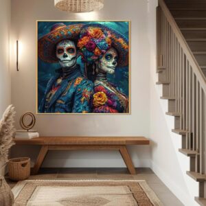Canvas Wall Art-Day of The Dead Couple, Day of the Dead Canvas Print, Skeleton Couple Canvas Wall Art, Mexican Dia De Los Muertos, Day of the Dead Couple Poster Prints, Home Wall Decor (Gold Framed, 36"x36"|91x91cm)