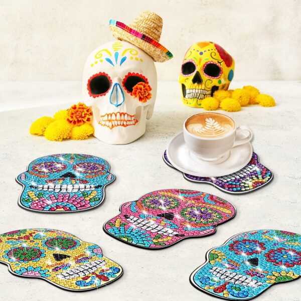 YLOLUL 10 Pcs Skull Shaped Diamond Painting Coasters Kits DIY Skull Diamond Painting Coasters with Holder Skull Diamond Painting Coasters for Beginners Adults and Kids Art Craft Supplies Gift - Image 6
