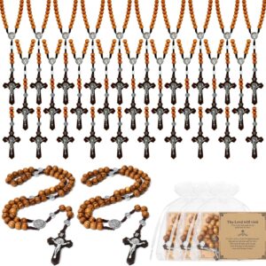 Wooden Rosary Necklace, Handmade Rosary Beads Necklace, Prayer Holy Soil Medal and Metal Cross For Catholic Or Christian Gift, Pouch Baptism Favors Gift