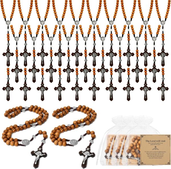 Wooden Rosary Necklace, Handmade Rosary Beads Necklace, Prayer Holy Soil Medal and Metal Cross For Catholic Or Christian Gift, Pouch Baptism Favors Gift
