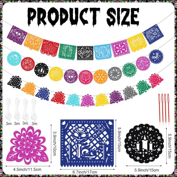 HOWAF 42pcs Day of The Dead Papel Picado Banner, Felt Dia De Los Muertos Sugar Skull Marigold Hanging Garland for Mexican Dia de Los Muertos Altar Decor, Colorful Cinco De Mayo Flag Banner - Image 2