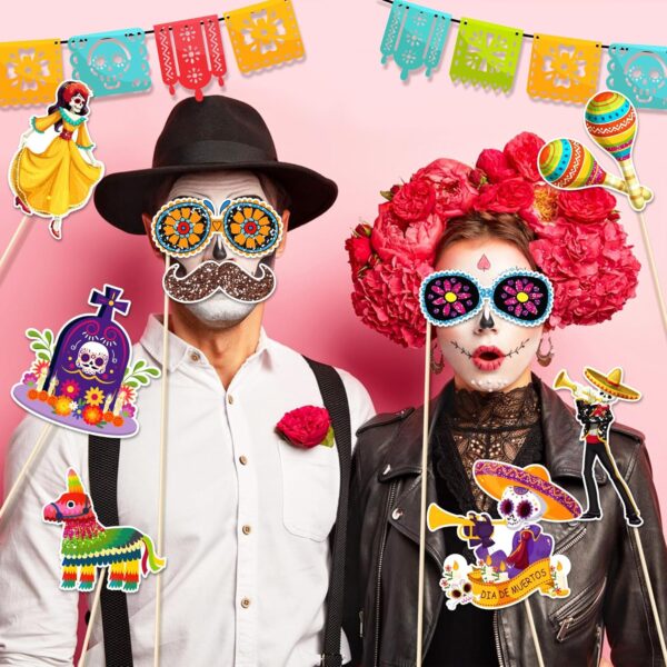 HOWAF Glitter Day of The Dead Photo Booth Props, Dia De Los Muertos Skull Decorations Photo Props Kits for Day of The Dead Party Favor, Mexican Fiesta Halloween Glitter Prop Pose Sign 30pcs - Image 4