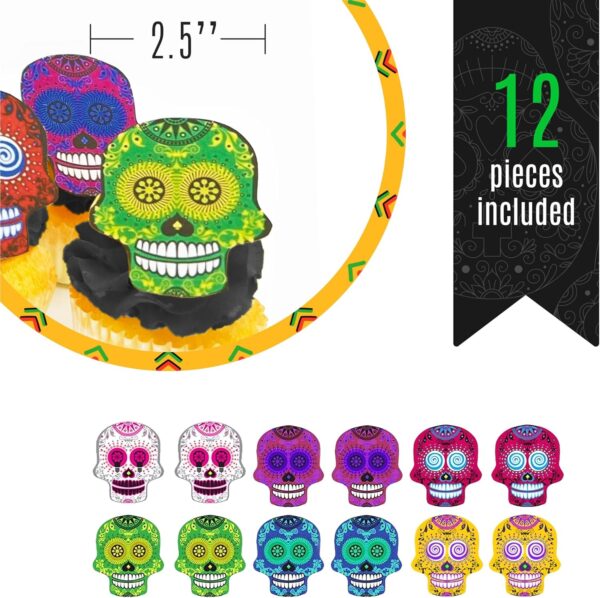 Large Edible Sugar Skulls Assorted Set of 12 - Wafer Cake & Cupcake Toppers - edible sugar skulls for cake decorating - Dia De Los Muertos & Halloween cupcake toppers - Image 3