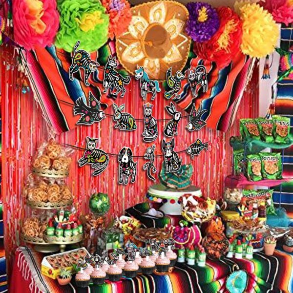 Day of The Dead Party Decoration Set, Sugar Skull Animals Party Banner and 12 Pcs Cupcake Toppers for Day of The Dead Halloween Dia De Los Muertos Party - Image 5