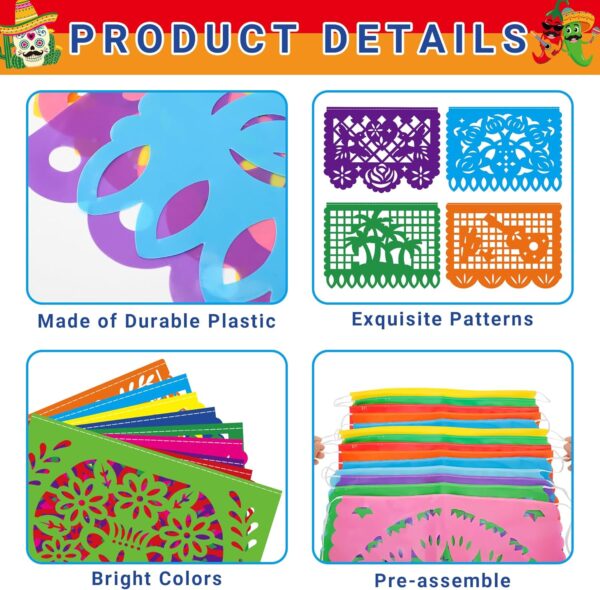 18 FT Cinco De Mayo Party Decorations, 1 Pack Fiesta Banner with 9 Plastic Papel Picado, Colorful Mexican Theme Party Flag Banner Dia De Los Muertos Day of the Dead Hanging Decor Home Party Supplies - Image 3