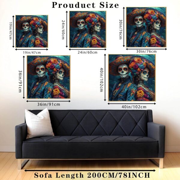 Canvas Wall Art-Day of The Dead Couple, Day of the Dead Canvas Print, Skeleton Couple Canvas Wall Art, Mexican Dia De Los Muertos, Day of the Dead Couple Poster Prints, Home Wall Decor (Gold Framed, 36"x36"|91x91cm) - Image 4