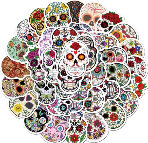 Tuqiso 50 Pieces Skull Stickers Halloween Sugar Skull Decals Dia de Los Muertos Mexican Day of Dead Sticker for Laptop Water Bottle Luggage Bike Computer