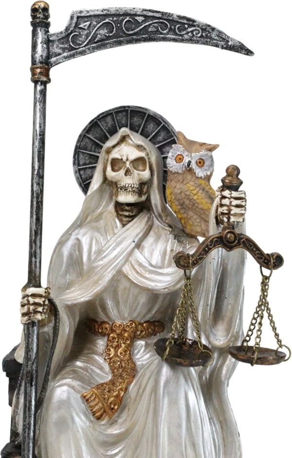 Ebros Gift 9" Tall Bone Mother Holy Death White Tunic Robe Santa Muerte with Scythe and Scales Sitting On Throne Statue Day of The Dead Patron of Purity and Protection - Image 2