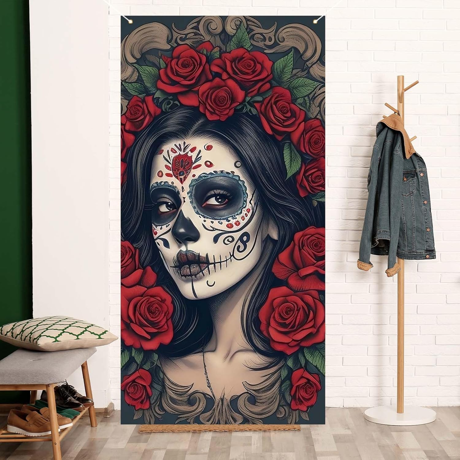 Dia De Los Muertos Door Cover Day of The Dead Porch Sign Banner Gothic Halloween Sugar Skull Marigold Flowers Decorations and Supplies for Home - Image 2