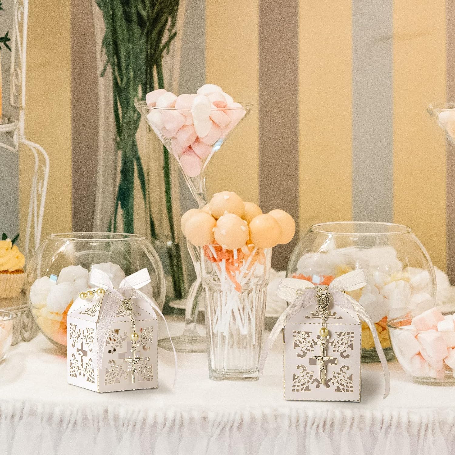 50 Packs Baptism Favors Set Acrylic Rosary Beads Faux Pearls with Organza Bags and Cross Baptism Favor Boxes Recuerdo De Boda Y Bautizo for Christening Weddings Party Favors(Silver Pearl Bracelet) - Image 6