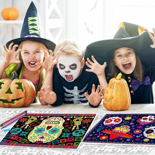 HOWAF 24 PCS Sugar Skull Day of The Dead Coloring Placemats with 24 Paint Pens,Dia De Los Muertos Disposable Table Mat for Classroom DIY Activities Halloween Coloring Paper Placemats - Image 3