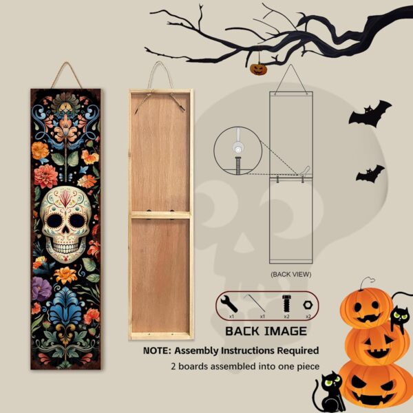 Halloween Front Porch Sign Day of the Dead Wooden Sign Dia De Los Muertos Mexico Skull Welcome Sign, Fall Porch Sign for Front Door Decorations, Lawn Decor Garden Hanging Signs Wall Sign 31.5"H - Image 4