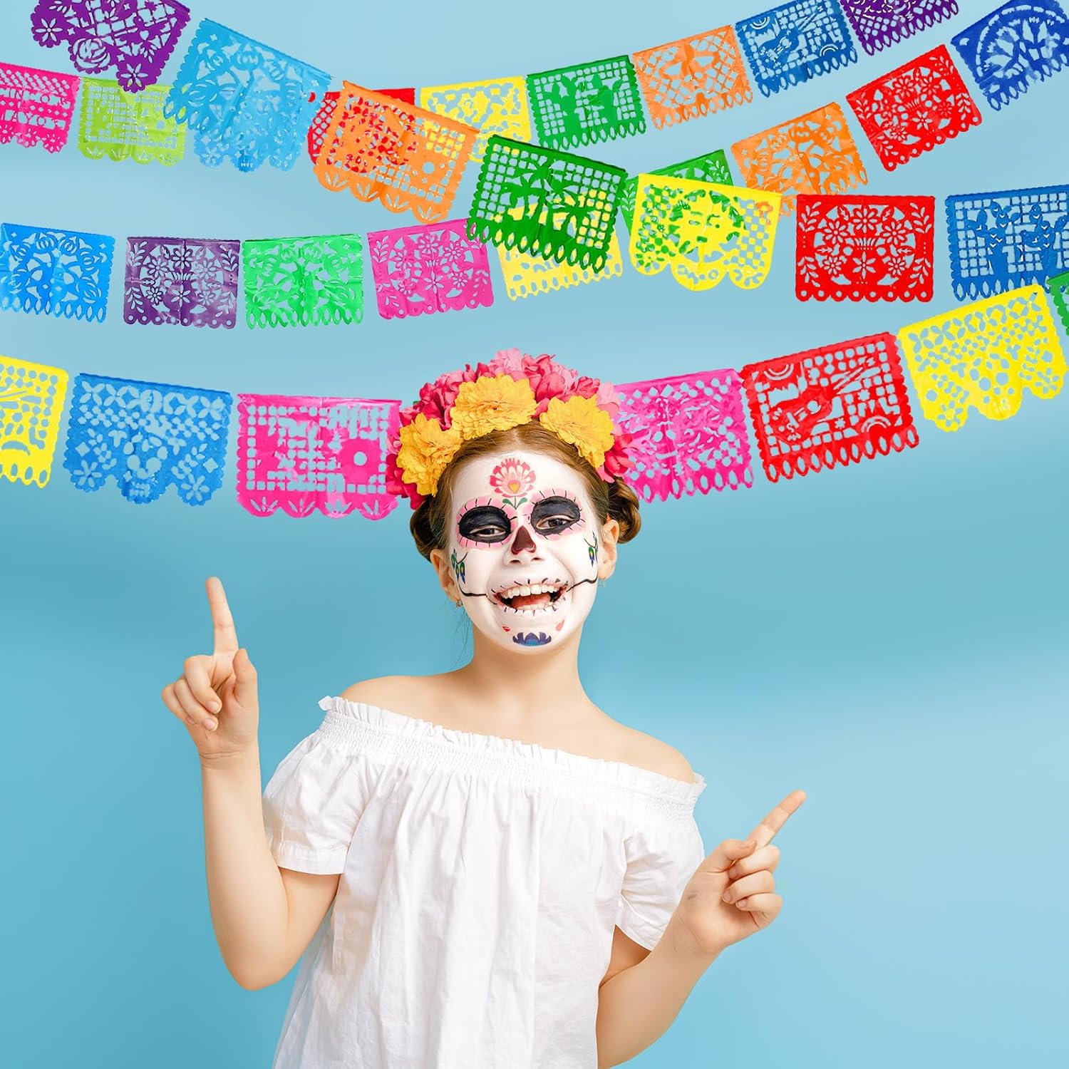 4 Packs Mexican Party Banner 60 Feet Fiesta Plastic Papel Picado Banner Cinco de Mayo Dia De Los Muertos Decor Day of The Dead Decorations Mexican Fiesta Themed Party Decorations Supplies - Image 4