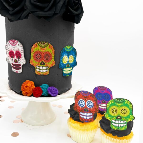 Large Edible Sugar Skulls Assorted Set of 12 - Wafer Cake & Cupcake Toppers - edible sugar skulls for cake decorating - Dia De Los Muertos & Halloween cupcake toppers - Image 2