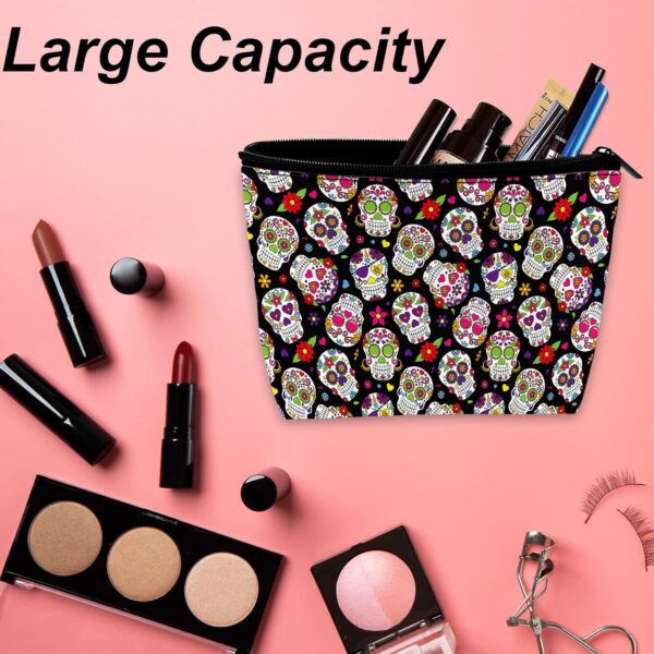 Makeup Bag Day of the Dead Sugar Skull Cosmetic Bag for Women, Waterproof Large Capacity Travel Organizer 9.5×5.9 Inch - Image 2