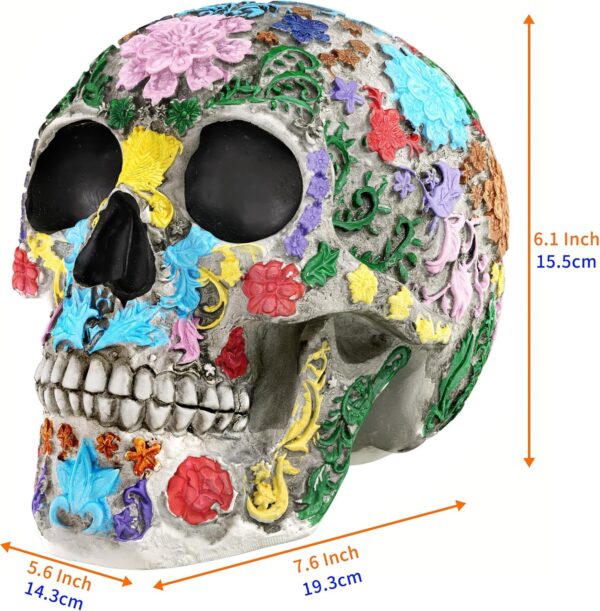 READAEER Life Size Skull Resin Colorful Floral Human Skull Model Adult Head Bone Model Day of The Dead Décor - Image 2