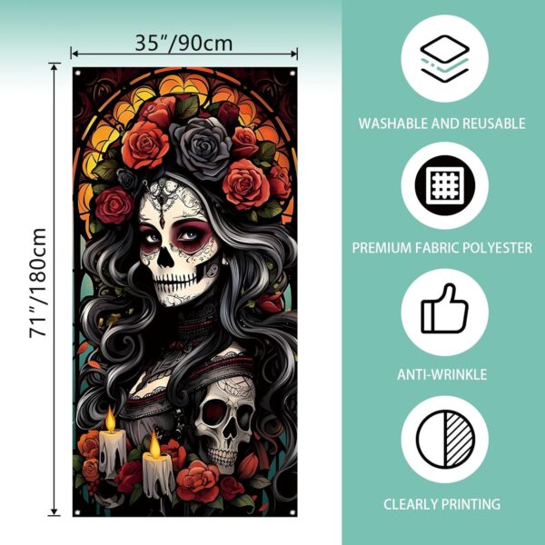 Day of The Dead Door Cover Dia De Los Muertos Backdrop Sugar Skull Rose Altar Mexican Fiesta Party Decorations and Supplies for Home - Image 2