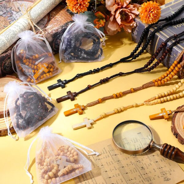 Tenceur 24 Pcs Wooden Rosary Bead Necklace Wood Catholic Carved Beads with Jesus Cross First Communion Rosary Bulk with Organza Bags Baptism Favors Catholic Gift for Men Women - Image 5
