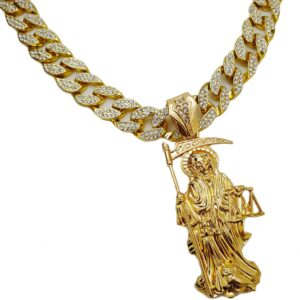 Hip Hop Gold PT Saint Death Santa Muerte Pendant & 16" 18" 20" Iced Cuban Choker Chain Necklace