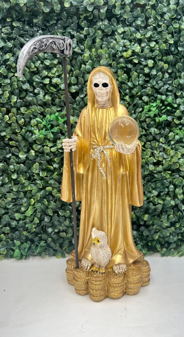 Santa Muerte Holding Scythe in Gold Robe Statue 13"" Inch Skull,Skeleton, 78340 - Image 2